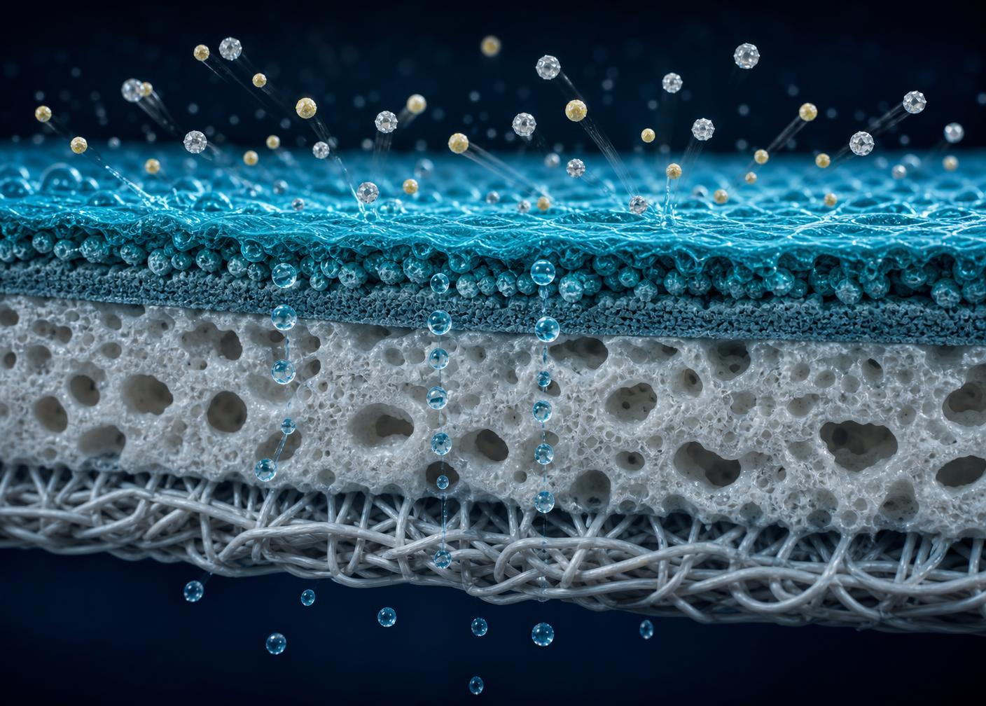 Scientific render of a thin-film composite membrane cross-section showing the engineered selective layer, intermediate and porous support layers with water permeation and salt rejection at the nanoscale