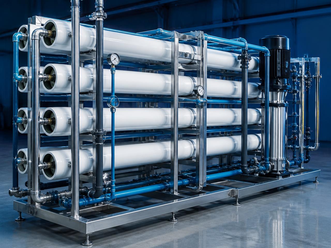 Multi-stage reverse osmosis pressure vessel array mounted on a stainless steel skid