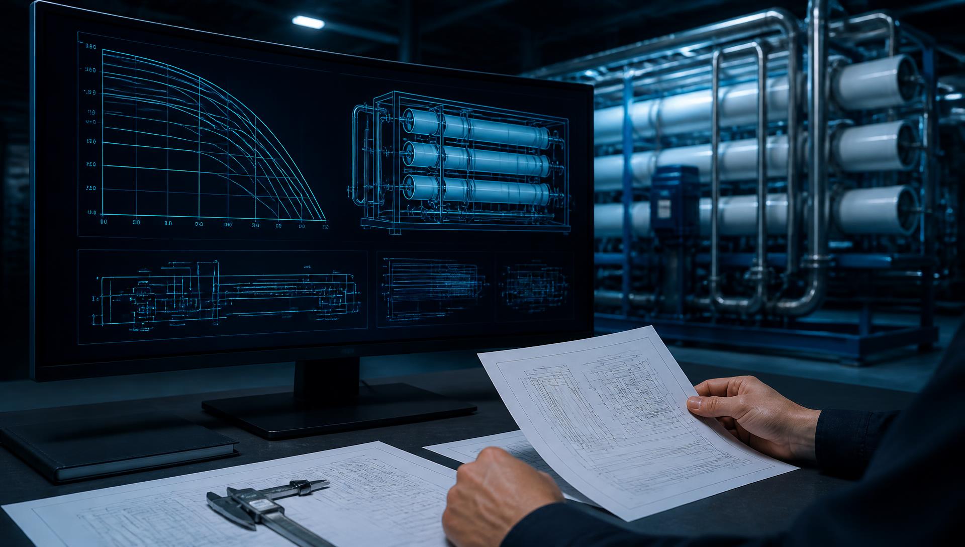 Membrane process engineer reviewing an array projection and pressure-vessel schematic beside a reverse osmosis skid