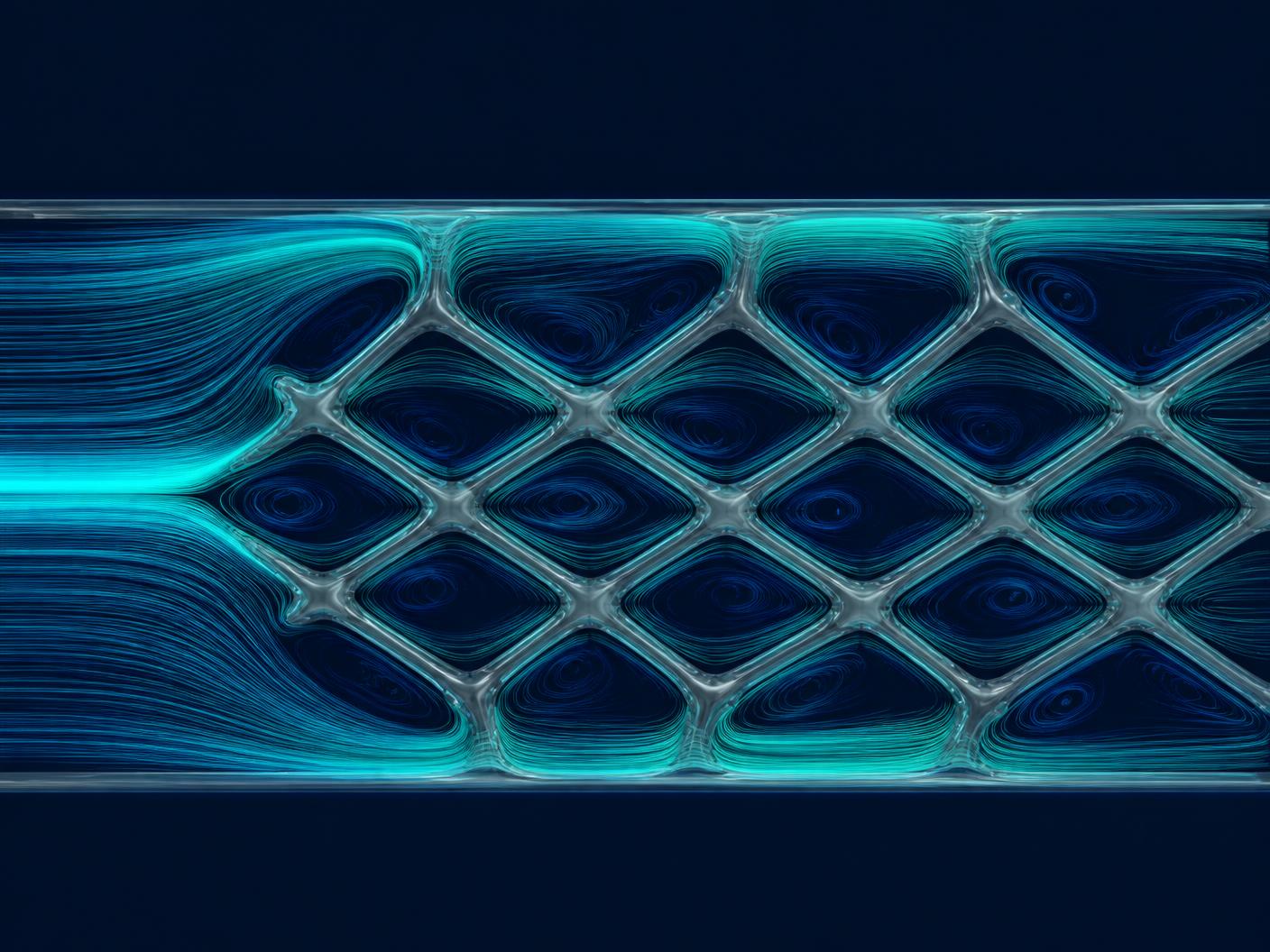 Flow visualization inside a symmetric open feed channel showing uniform streamlines around lattice strands