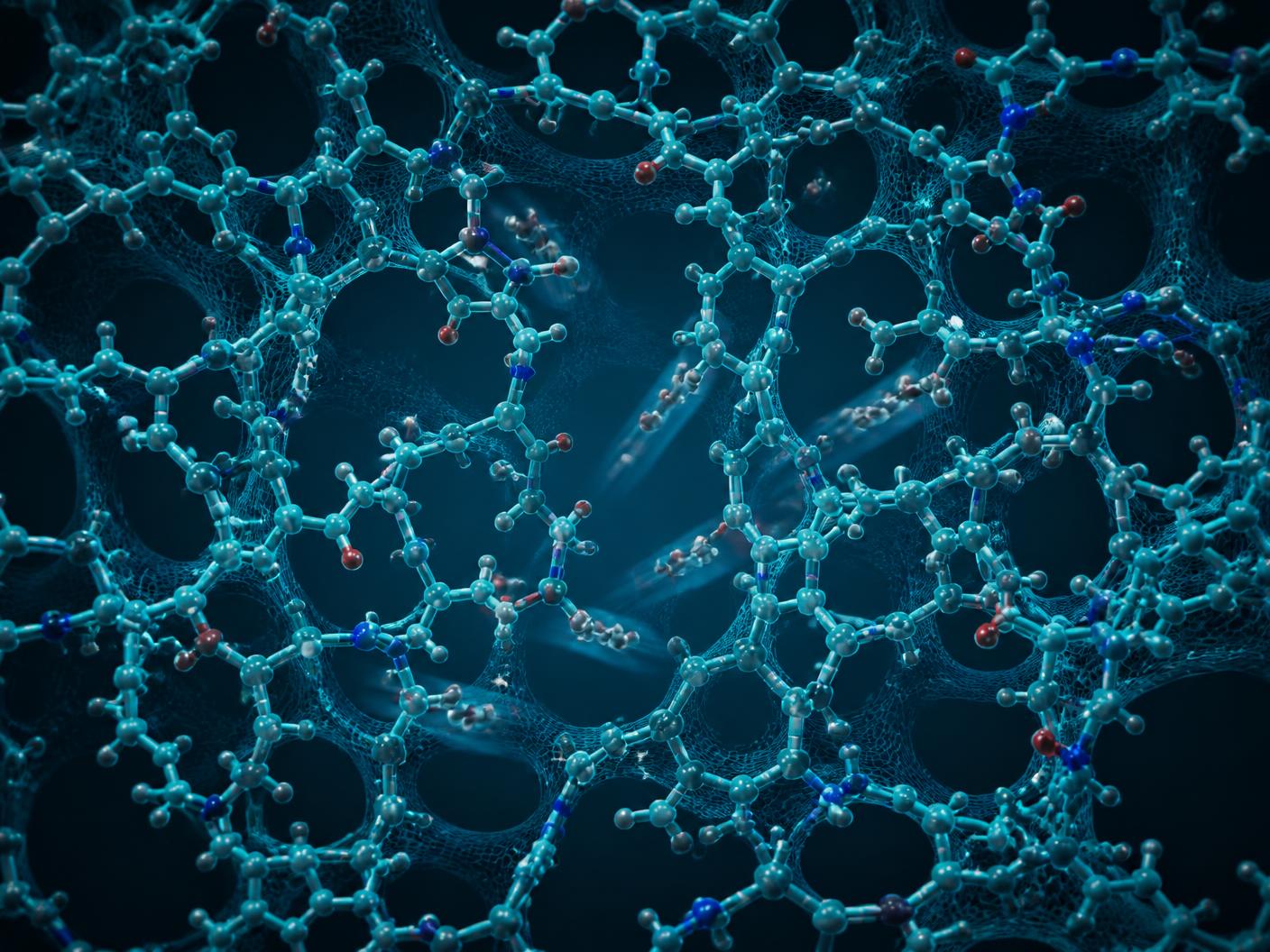 Molecular render of the crosslinked polyamide network with accessible free-volume pores